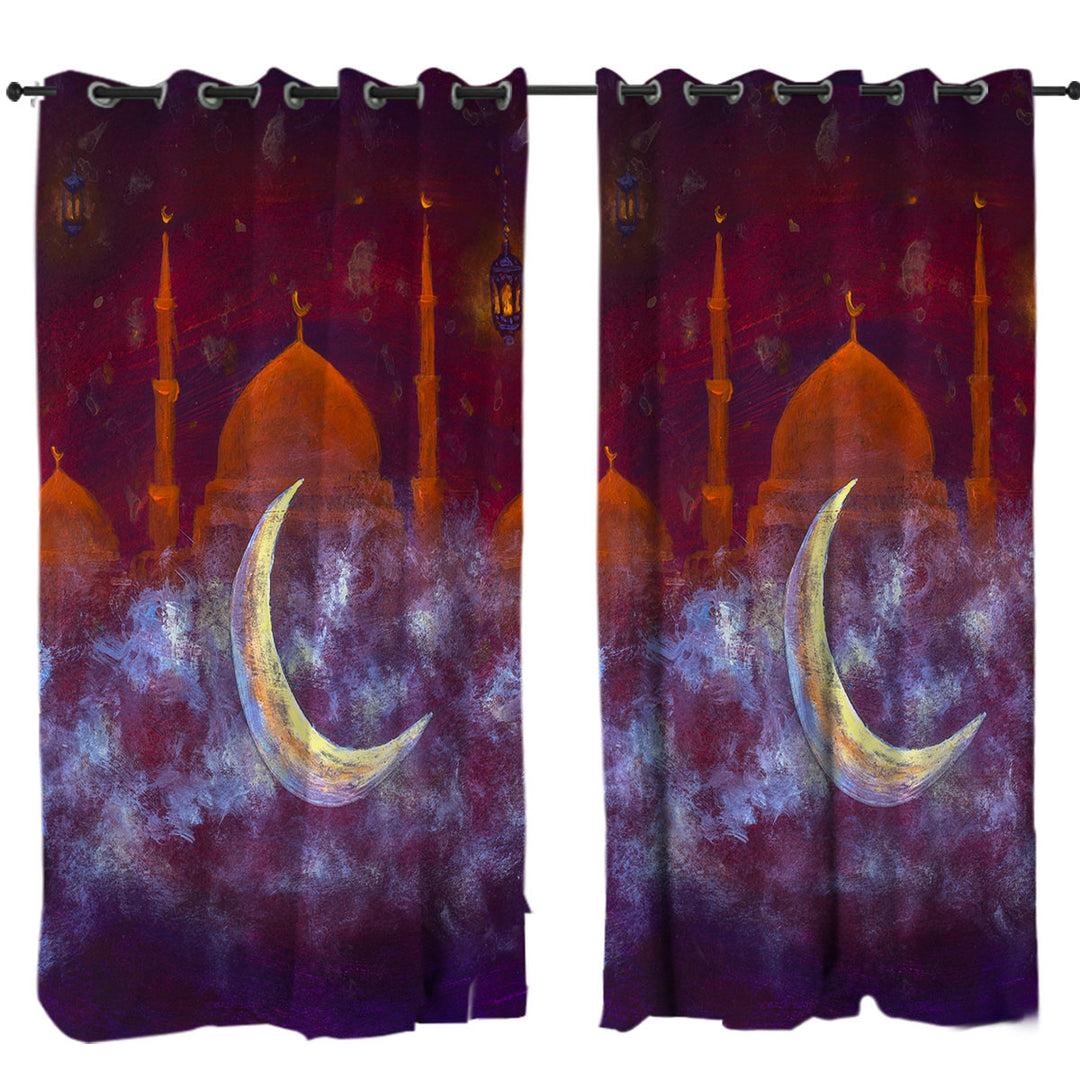 Purplish Art Painting Mosque and Crescent Moon Curtain
