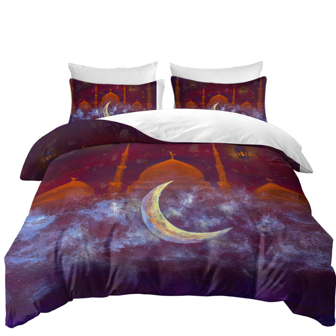 Purplish Art Painting Mosque and Crescent Moon Quilt Cover Sets