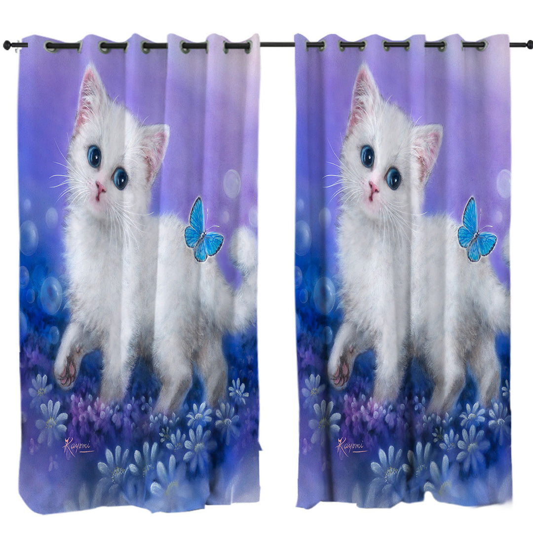 Purplish Garden White Kitten and Butterfly Curtains for Living Room