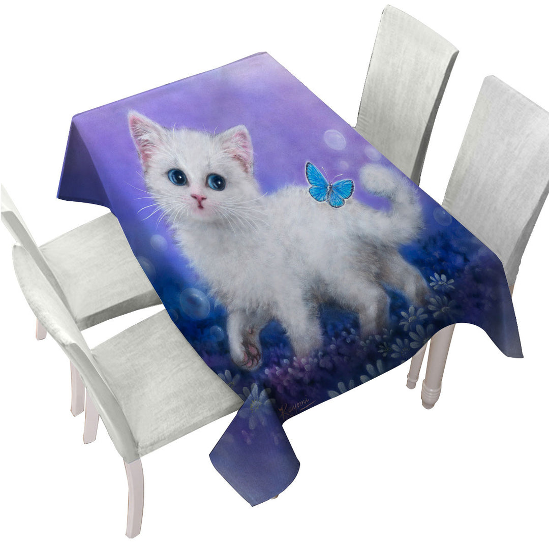 Purplish Garden White Kitten and Butterfly Custom tablecloths