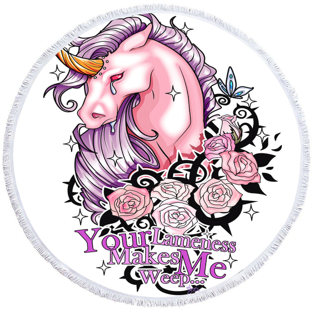 Purplish Roses and Unicorn Rudicorn Cool Quote Beach Towel