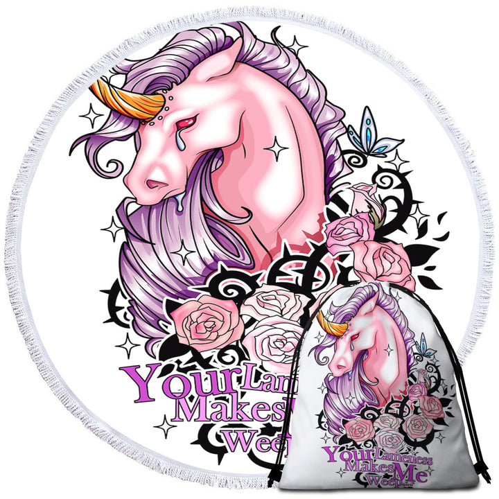 Purplish Roses and Unicorn Rudicorn Cool Quote Round Beach Towel