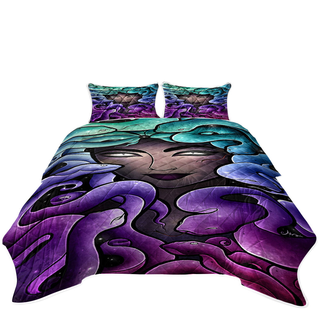 Purplish Snake Haired Medusa Stained Glass Art Coverlets