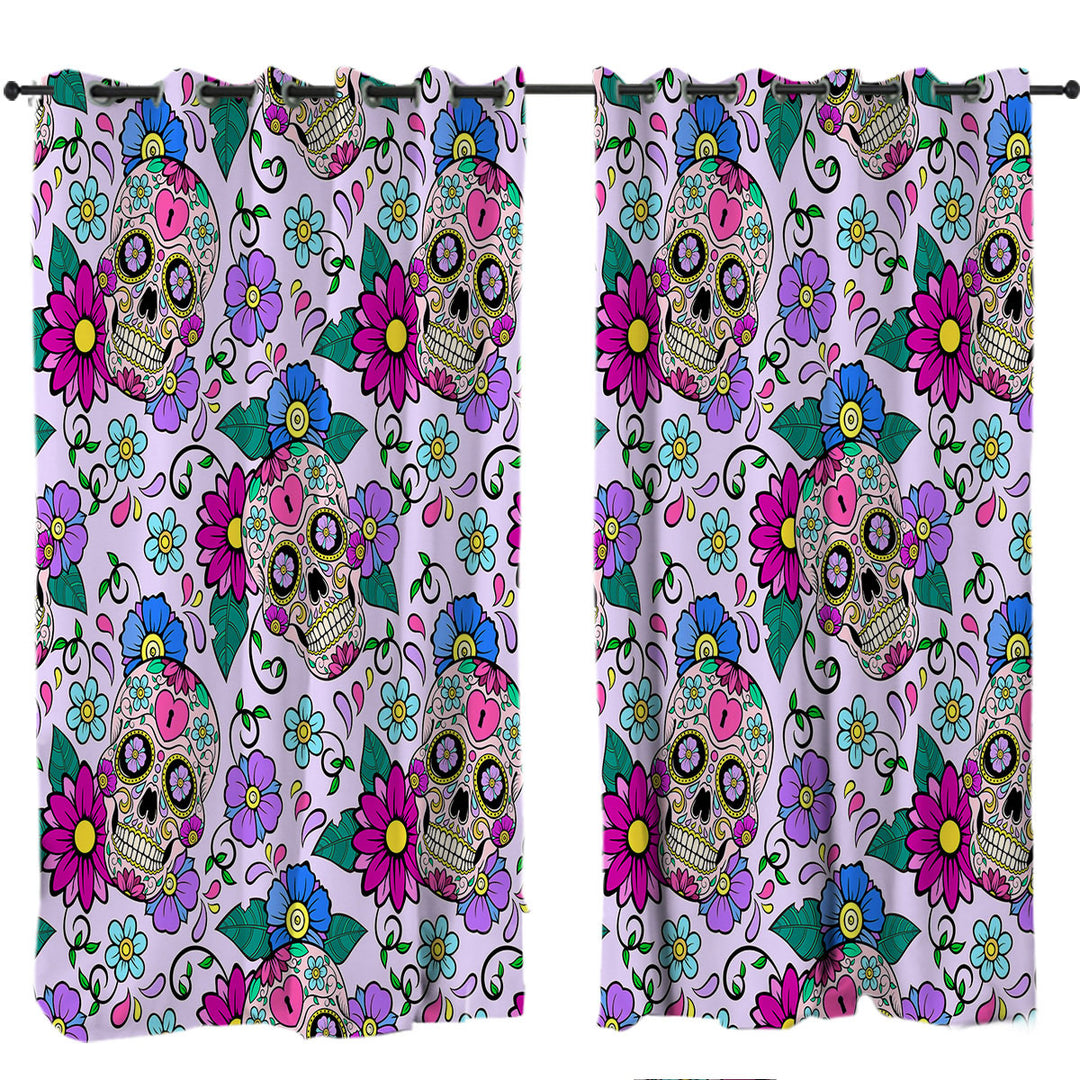 Purplish Sugar Skulls and Flowers Curtains