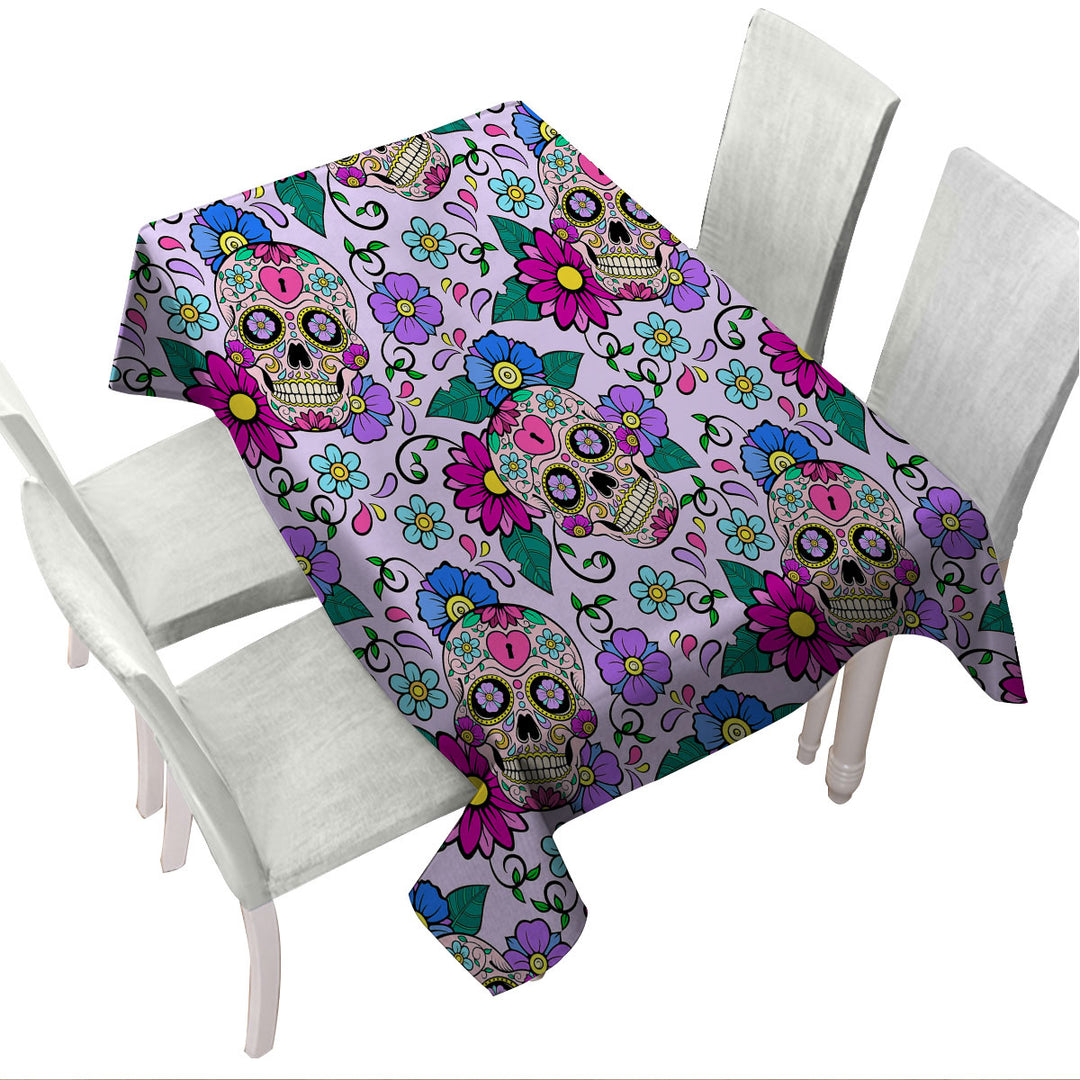 Purplish Sugar Skulls and Flowers Tablecloths