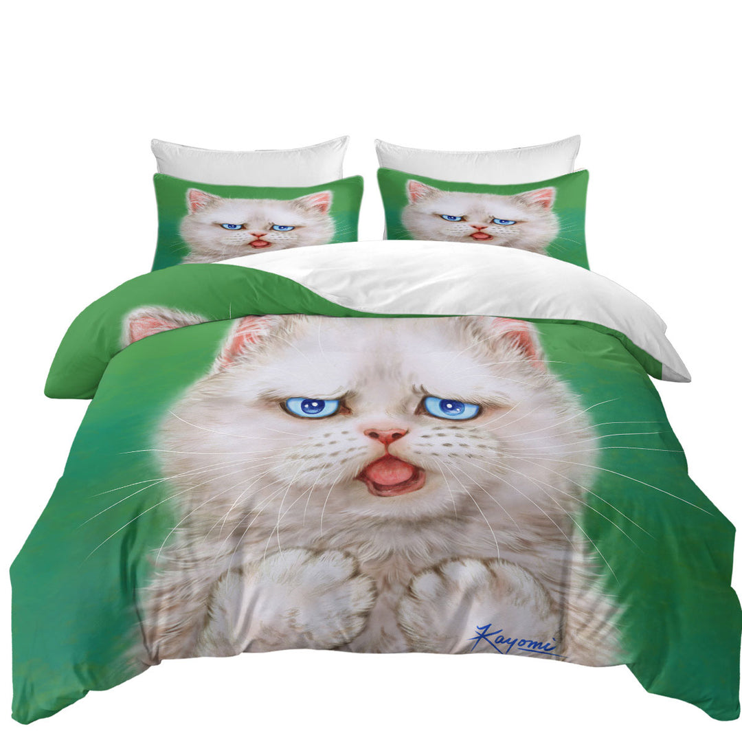 Queen Size Duvet Cover with Cat Drawings Innocent White Kitten