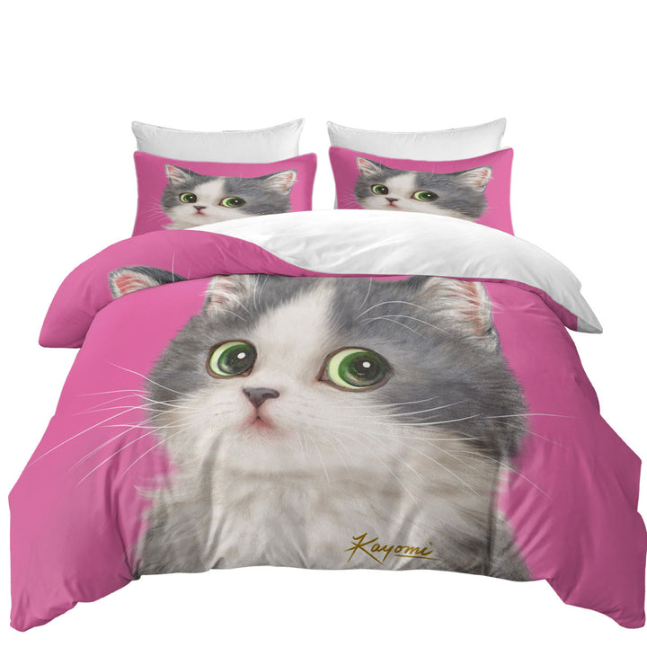 Queen Size Duvet Cover with Cats Art Adorable Shy Kitten Over Pink
