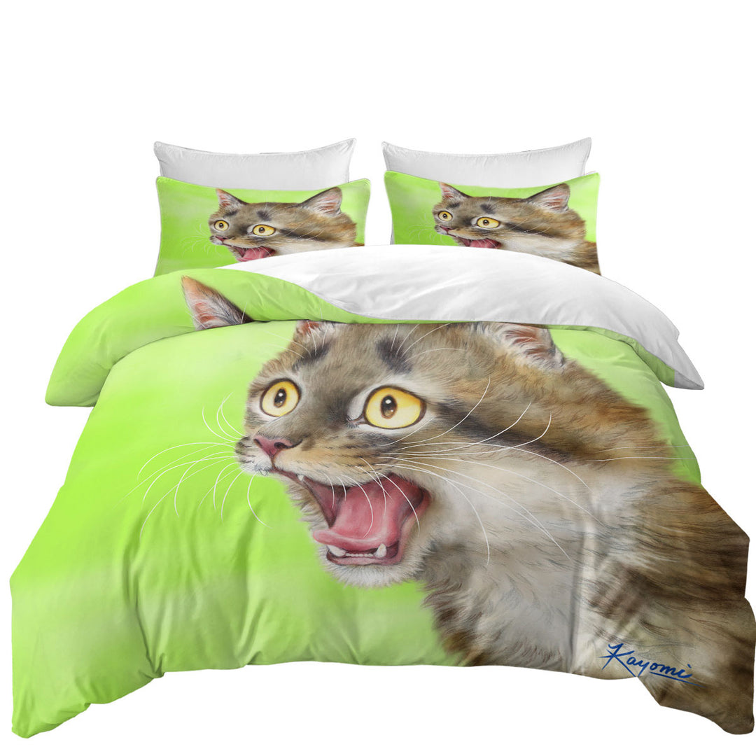 Queen Size Duvet Cover with Cats Funny Faces Drawings Excited Tabby Kitty