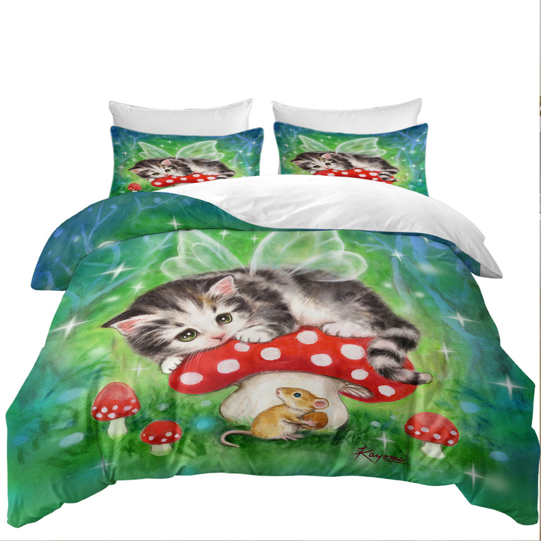 Queen Size Duvet Cover with Cute Fantasy Cat Art Kitten Fairy on Mushroom