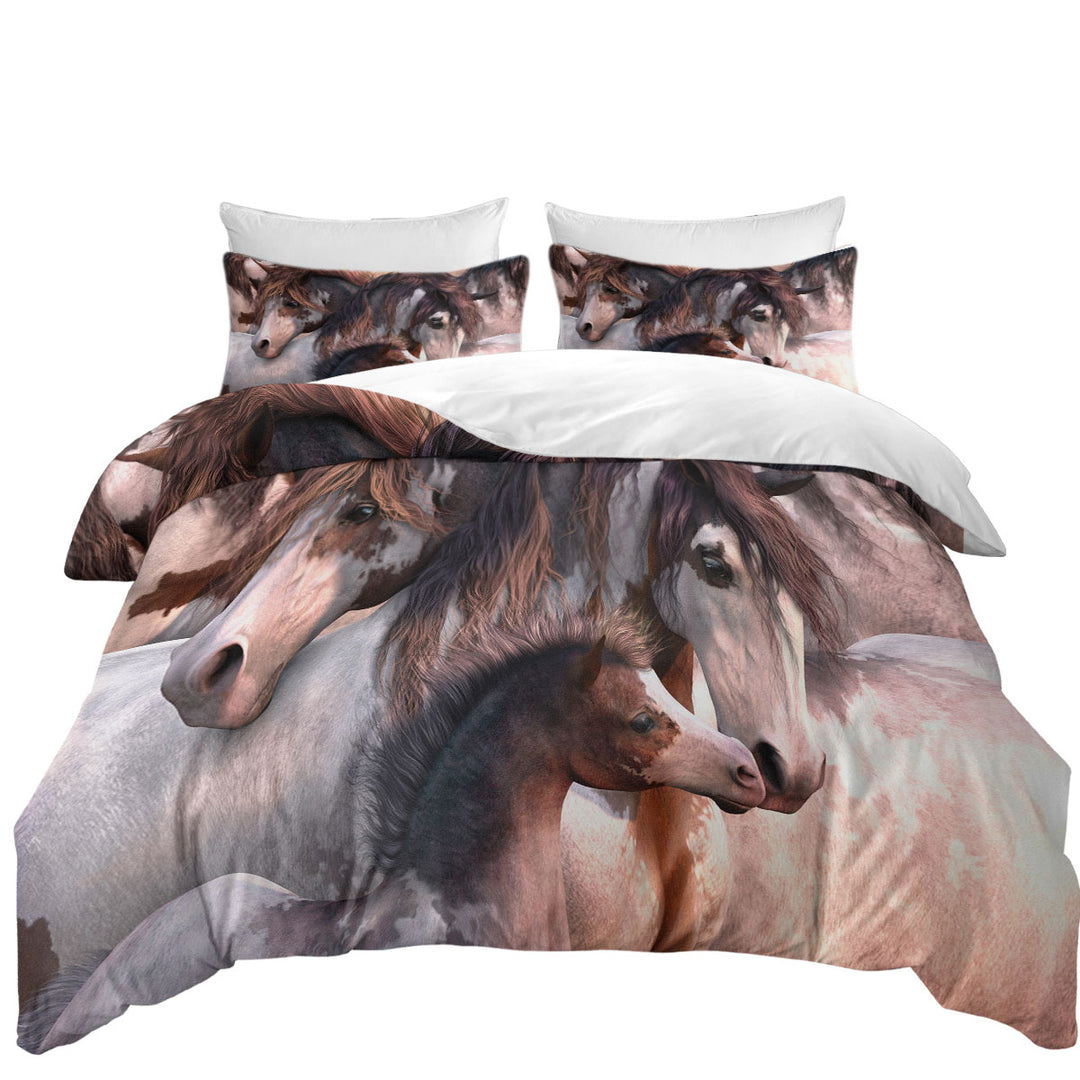 Queen Size Duvet Cover with Cute Horses Art Beautiful Horse Family