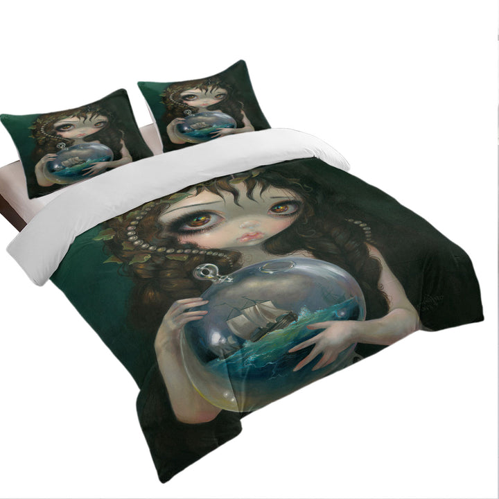 Queen Size Duvet Cover with Fine Art Alchemical Girl Microcosm Seascape Ship