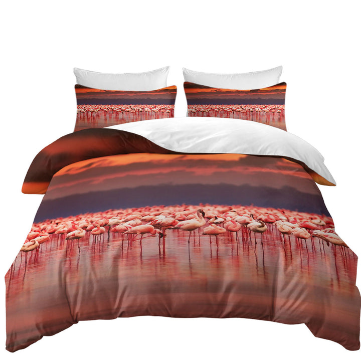 Queen Size Duvet Cover with Flamboyance of Flamingo Beneath Sunset Sky