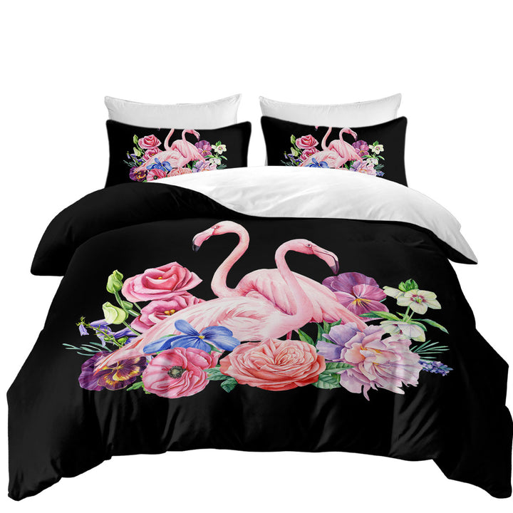 Queen Size Duvet Cover with Flamingos and Flowers over Black