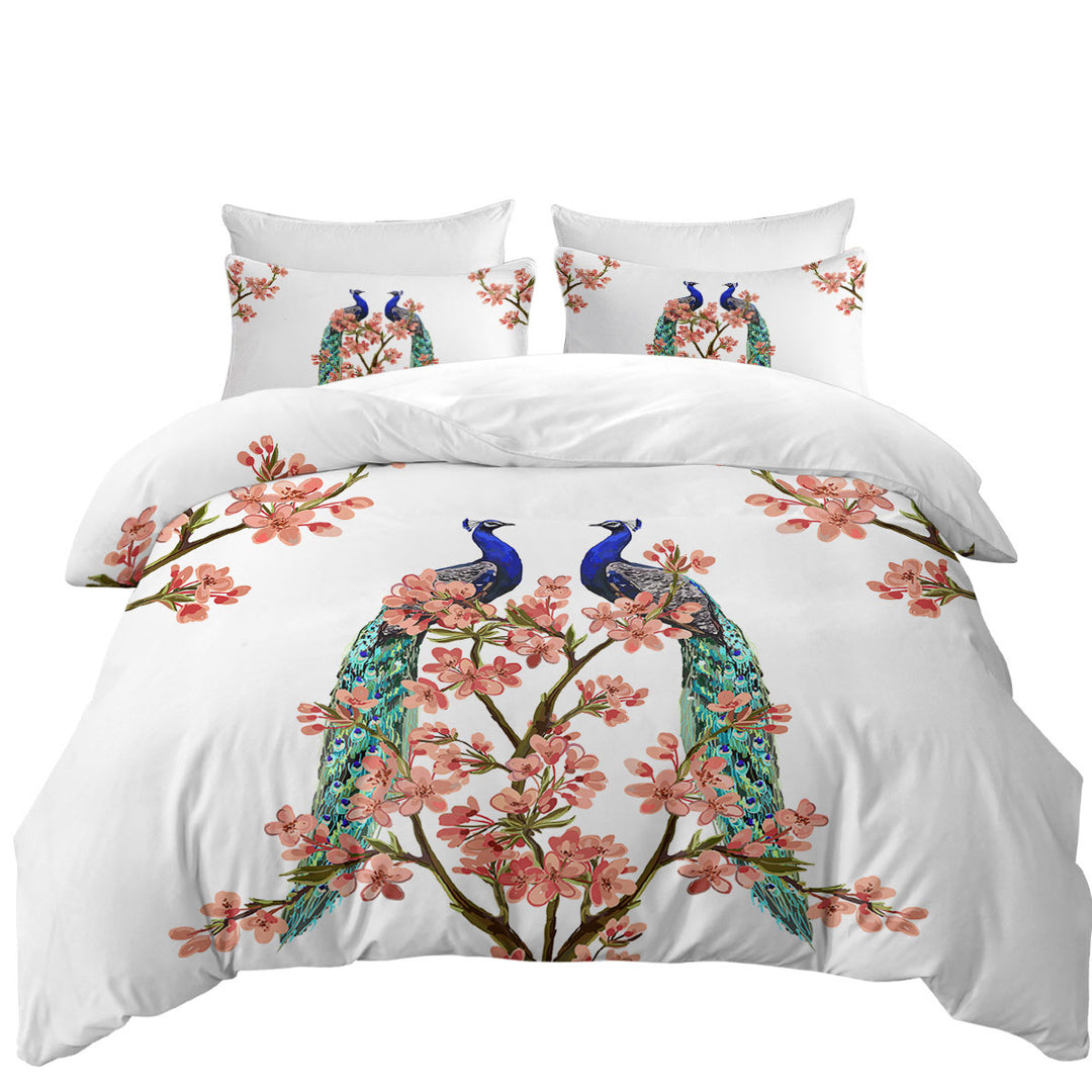 Queen Size Duvet Cover with Peacocks and Pink Flowers