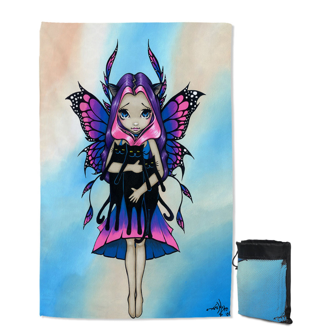 Quick Dry Beach Towel for Girls My Three Kitties Cute Fairy with Her Black Cats