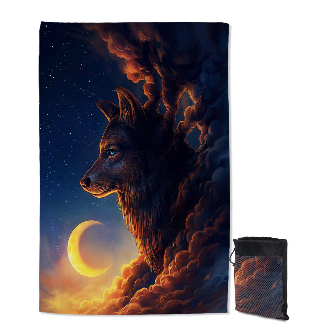 Quick Dry Beach Towel with Wolf Art Moon Night Guardian