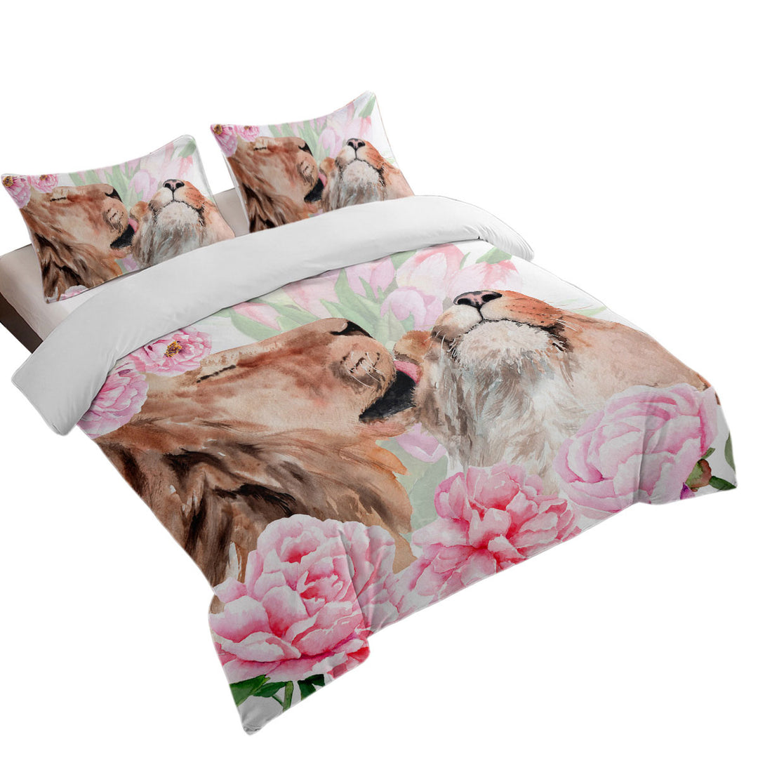 Quilt Cover Sets with Art Painting Pinkish Flowers and Loving Lions