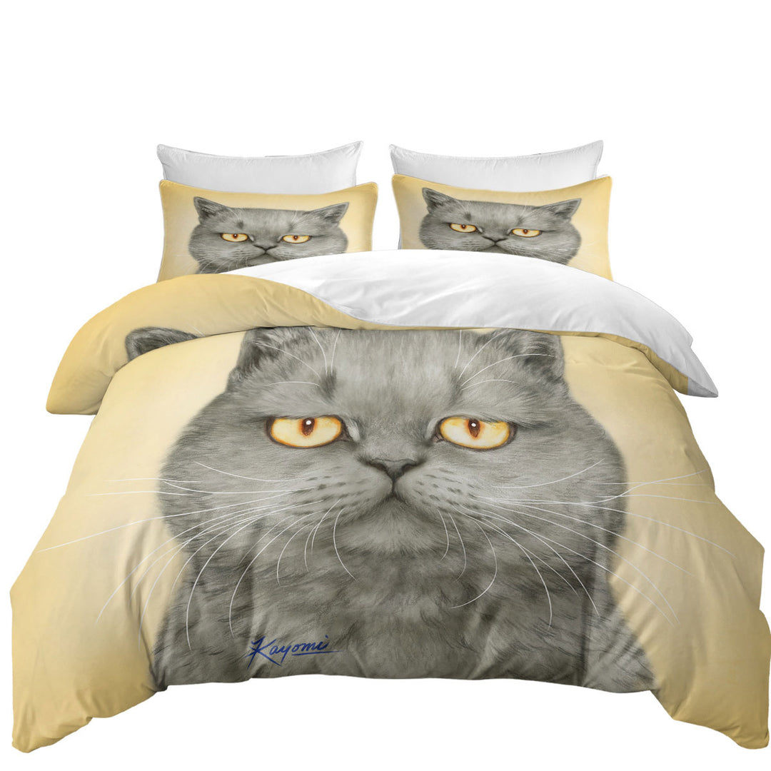 Quilt Cover Sets with Cats Art Paintings Yellow Eye Cranky Grey Cat