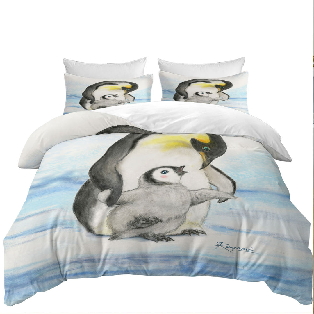 Quilt Cover Sets with Cute Animal Art Drawings Penguins Holding Hands