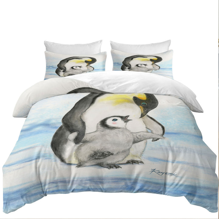 Quilt Cover Sets with Cute Animal Art Drawings Penguins Holding Hands