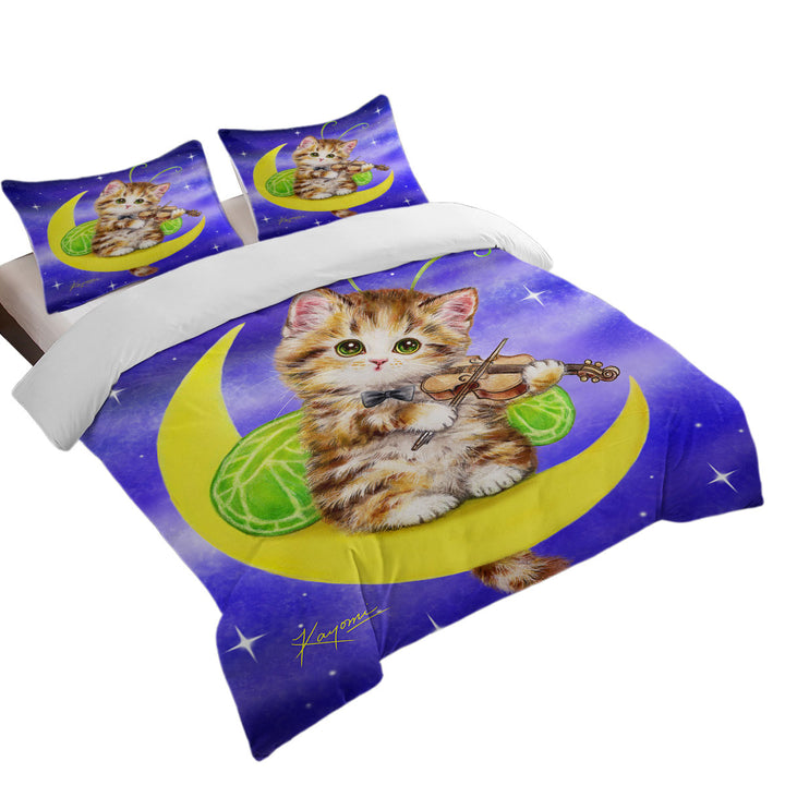 Quilt Cover Sets with Cute Fantasy Cats Art Violinist Tabby Kitten