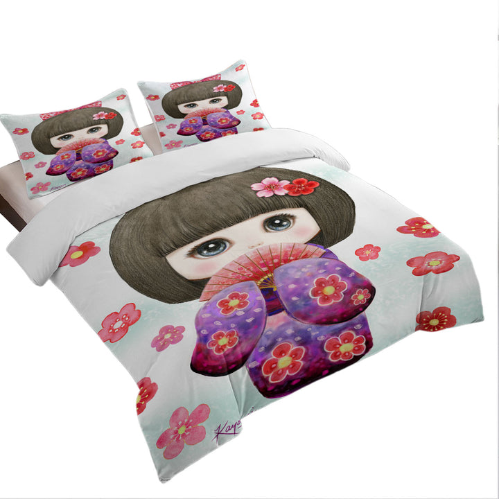 Quilt Cover Sets with Cute Japanese Girl Wearing Kimono and Folding Fan