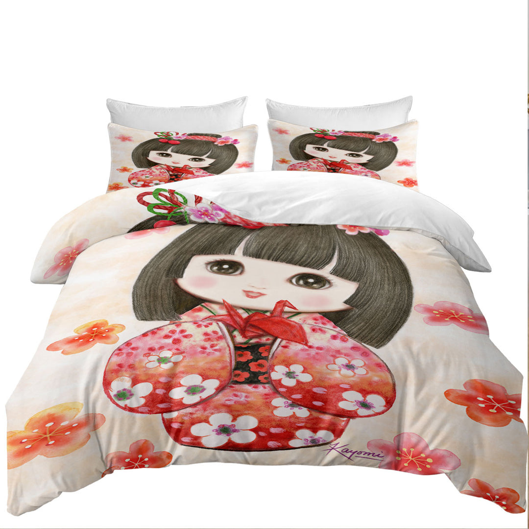 Quilt Cover Sets with Cute Japanese Girl Wearing Red Kimono