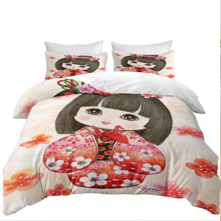 Quilt Cover Sets with Cute Japanese Girl Wearing Red Kimono