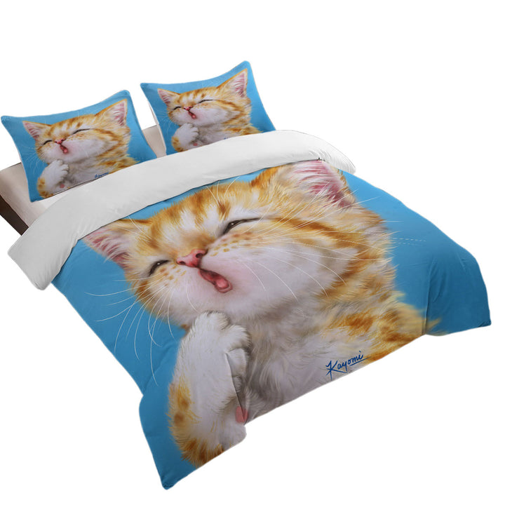 Quilt Cover Sets with Funny Cat Art Paintings Yawning Ginger Kitten