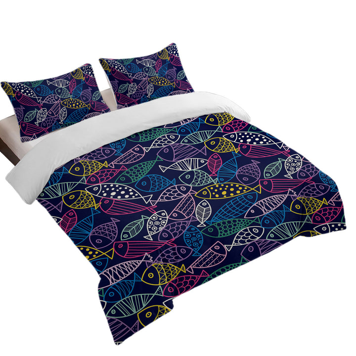 Quilt Cover Sets with Multi Colored Fish Drawings