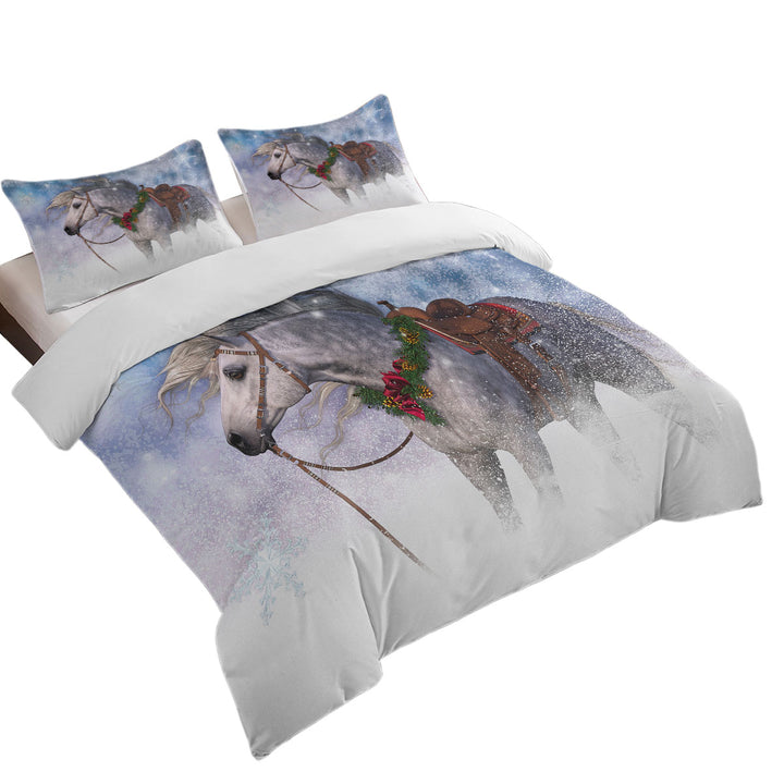Quilt Cover Sets with Snowy Christmas with White Horse