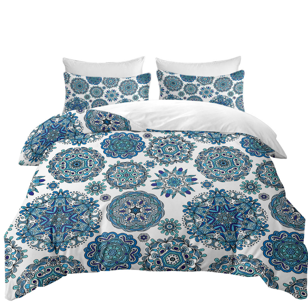Quilt Cover with Blue Turquoise Snowflakes Mandalas