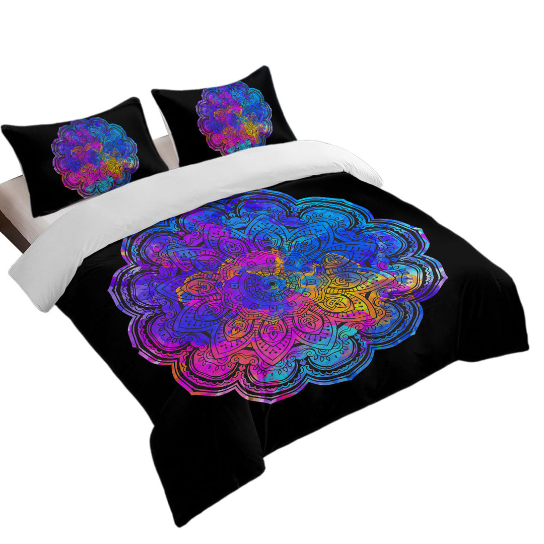 Quilt Cover with Bluish Reddish Mandala over Black