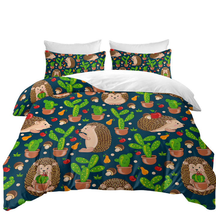 Quilt Cover with Cute Hedgehog and Cactus