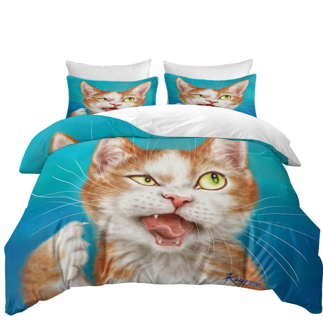 Quilt Cover with Funny Cat Drawings Cool Looking Kitty