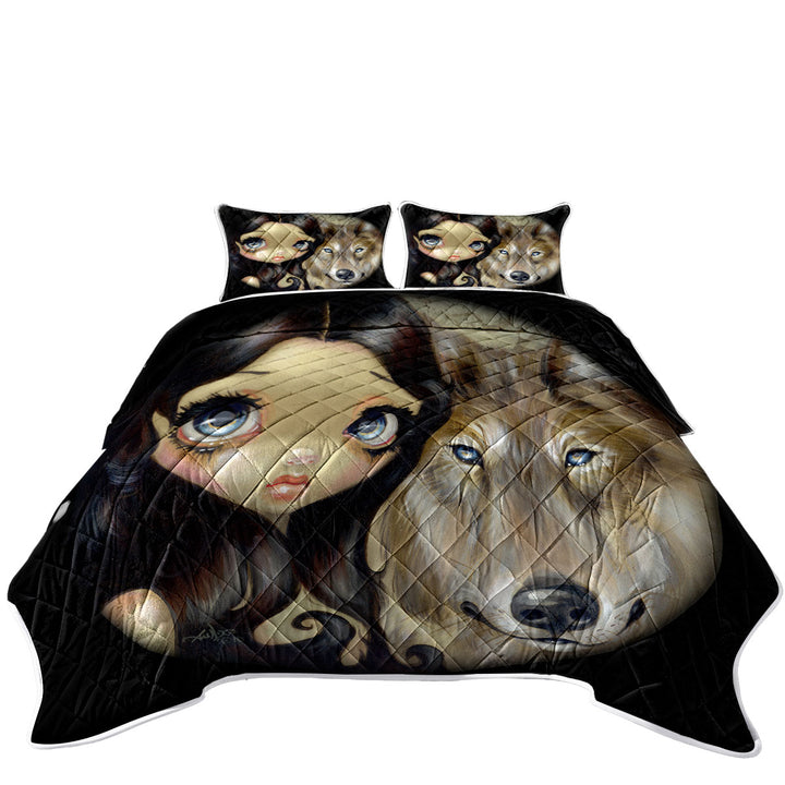 Quilt stores near me with Dark Haired Beautiful Girl and Silver Eyed Wolf