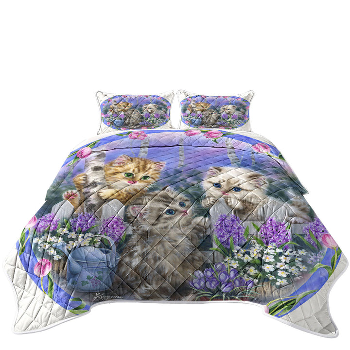 Quilt with Adorable Cats Drawing Flowers and Kitten Garden