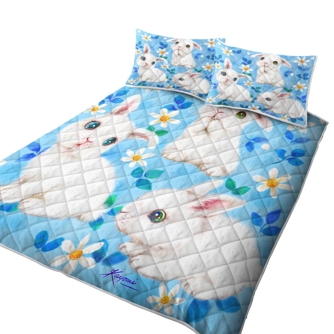 Quilt with Adorable White Bunnies and Flowers for Kids
