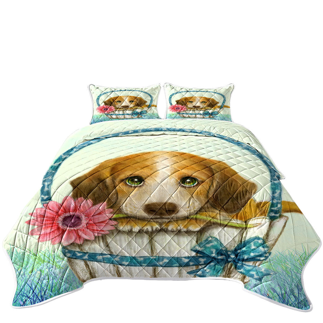 Quilt with Animal Dogs Art Cute Dachshund in Basket