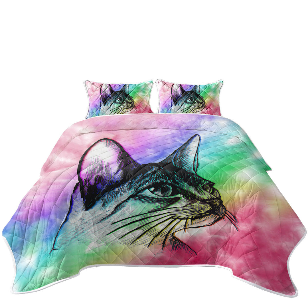 Quilt with Art Cat Drawing over Colorful Fog