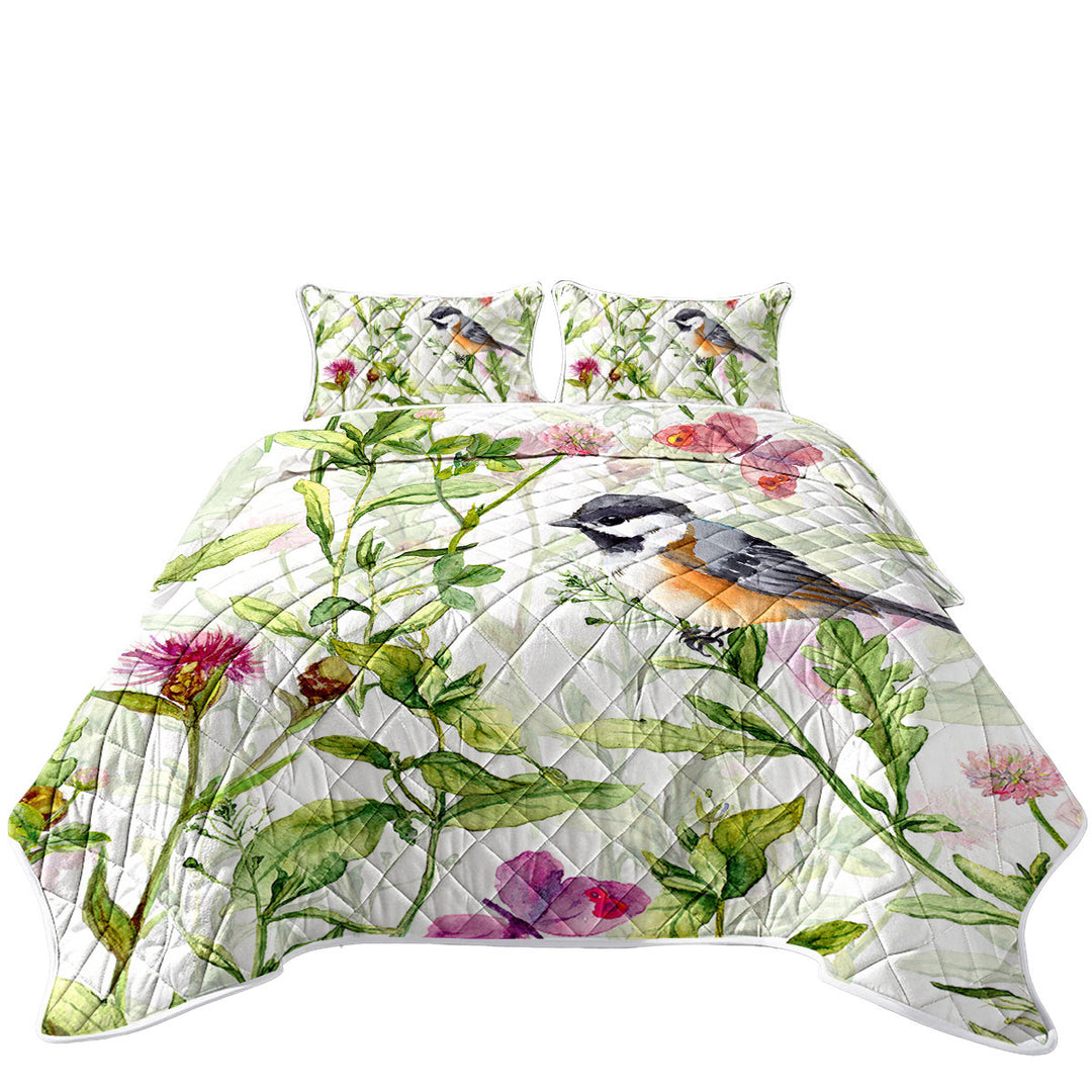 Quilt with Art Painting Bird and Butterflies with Flowers