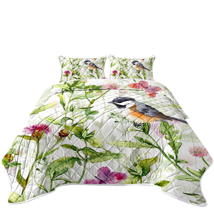 Quilt with Art Painting Bird and Butterflies with Flowers