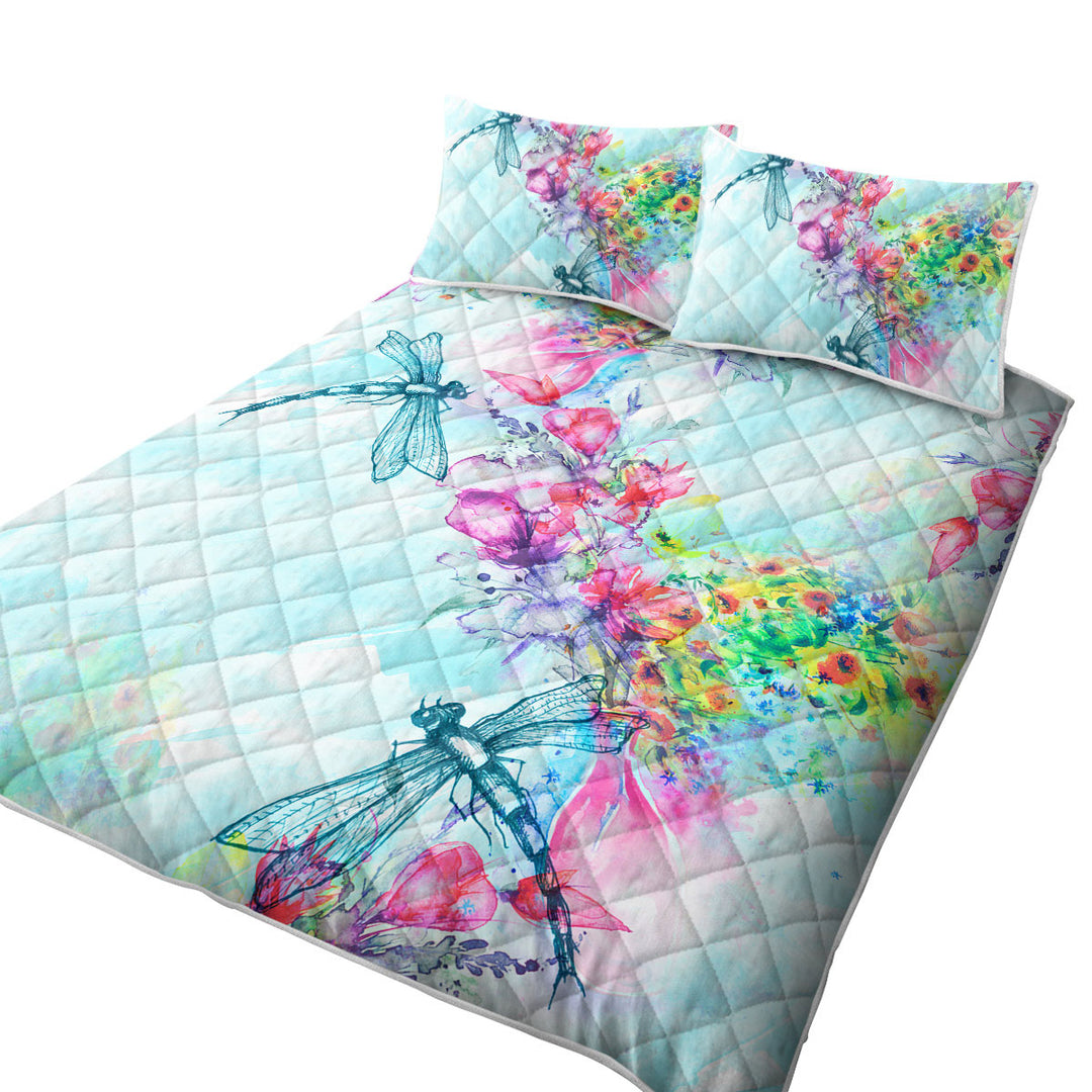 Quilt with Art Painting Flowers and Dragonflies