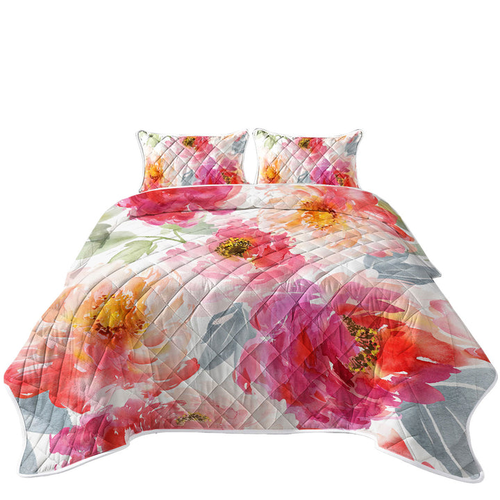 Quilt with Art Painting Peach Red Flowers