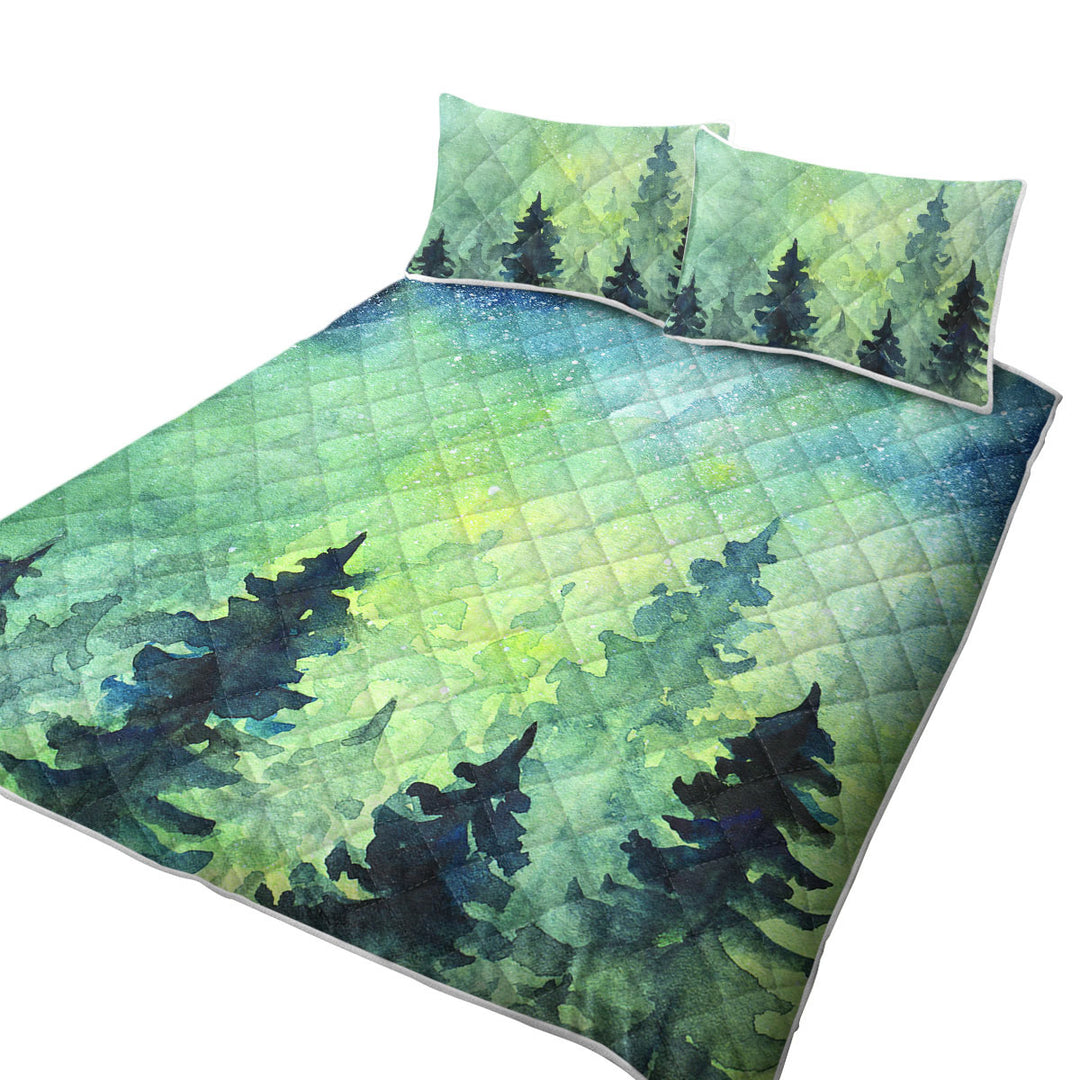 Quilt with Art Painting of Green Night Pine Forest