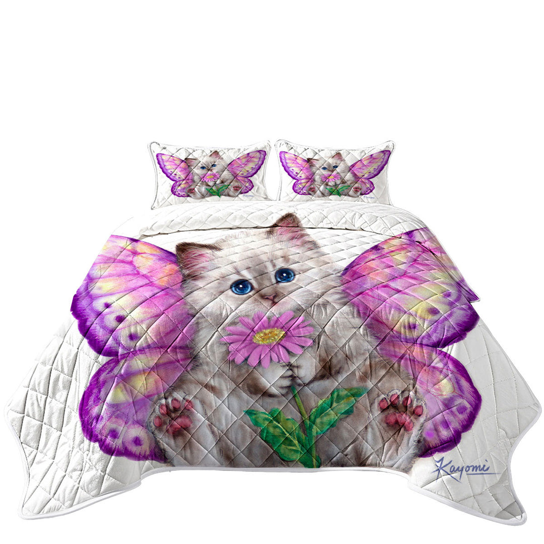 Quilt with Artistic Designs Girly Purplish Butterfly Kitten