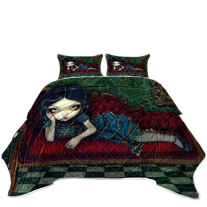 Quilt with Beautiful Gothic Girl Reclining on the Scarlet Sofa