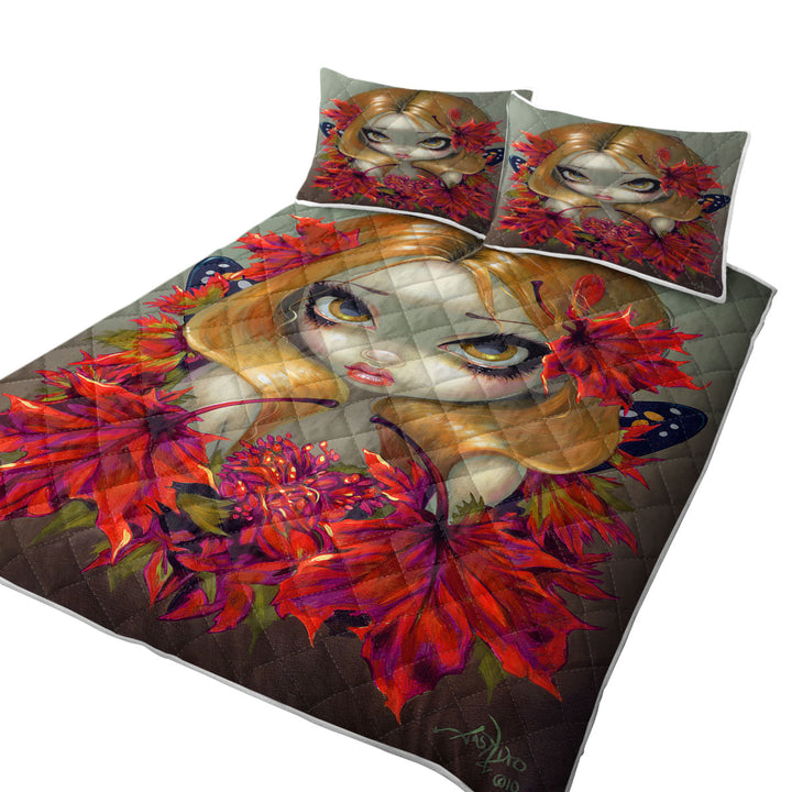 Quilt with Big Eyed Fairy Portrait the Red Maple Leaves Fairy