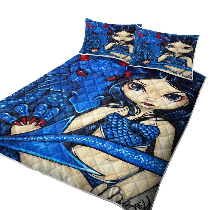 Quilt with Big Eyed Girl and Blue Dragon