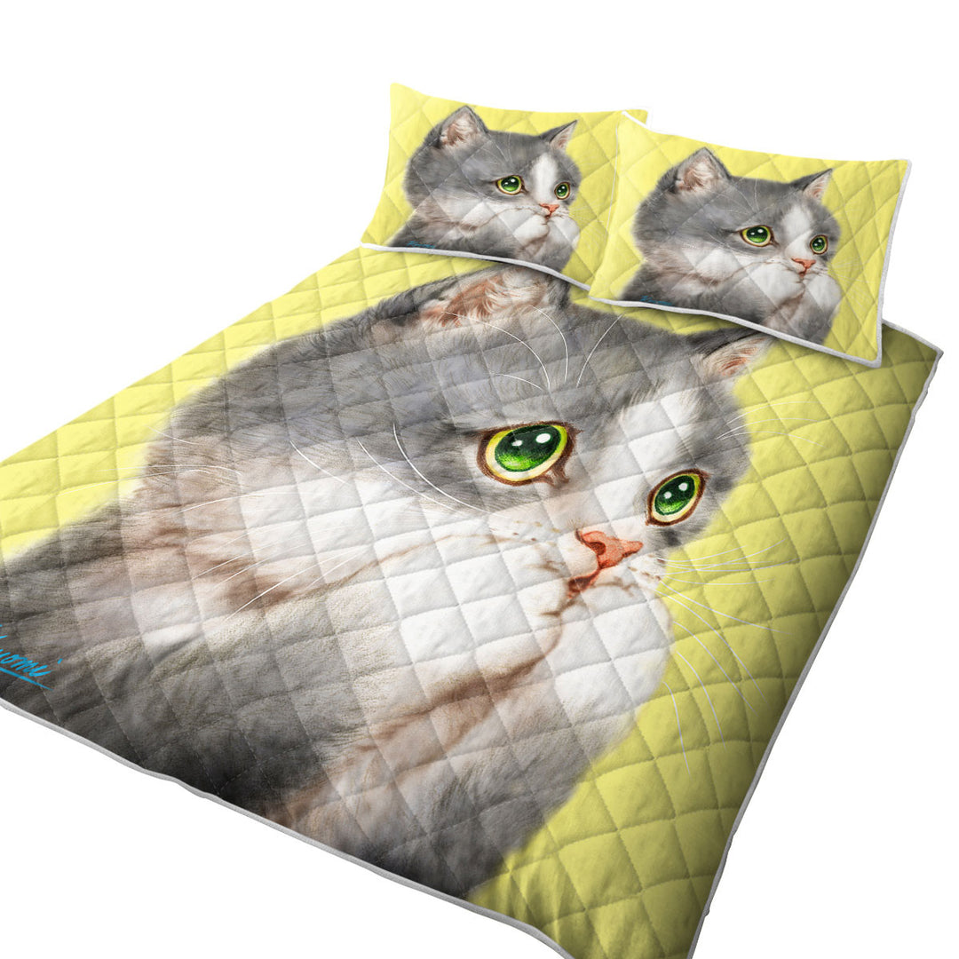 Quilt with Cat Prints Adorable Grey Kitten over Yellow